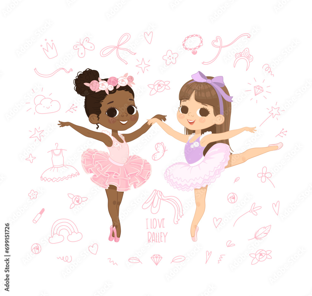 I love Ballet Poster. Two Girls Dancing. Ballerina Girl Dancing In Pink Dress. African American Child wear Pink Tutu Dress and Dancing Pointe Training. Caucasian Ballet Girl Cartoon Illustration. I love Ballet Poster. Two Girls Dancing. Ballerina Girl Dancing In Pink Dress. African American Child wear Pink Tutu Dress and Dancing Pointe Training. Caucasian Ballet Girl Cartoon Illustration.