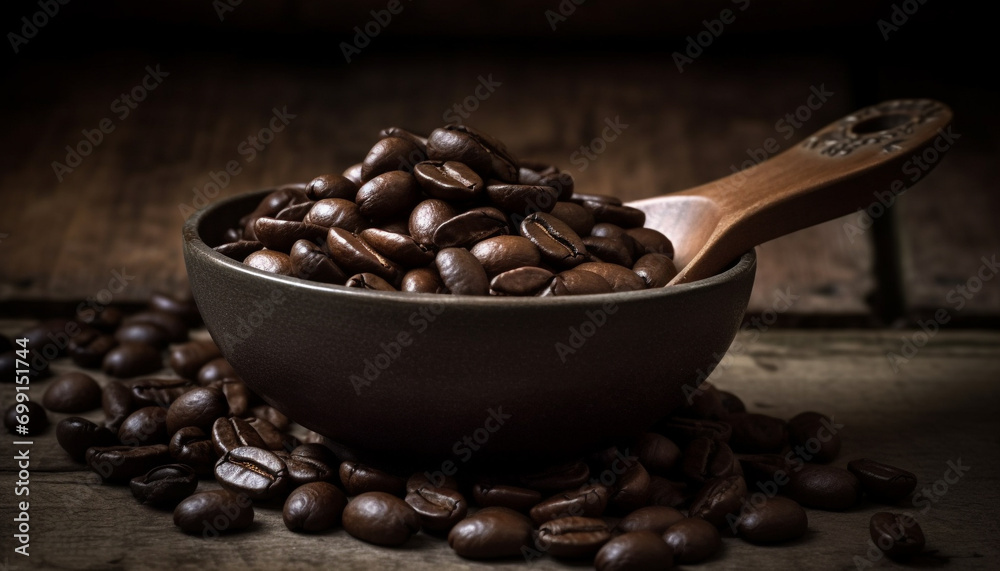 Fototapeta premium Freshly ground coffee beans on a dark wooden table, close up shot generated by AI