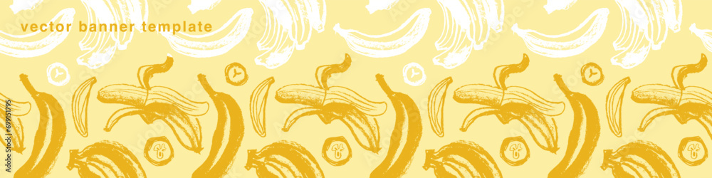 Obraz premium Plantains background for vector bananas banner template with sketch banana seamless pattern. Banana label backdrop. Plantains ornament. Yellow fruits.