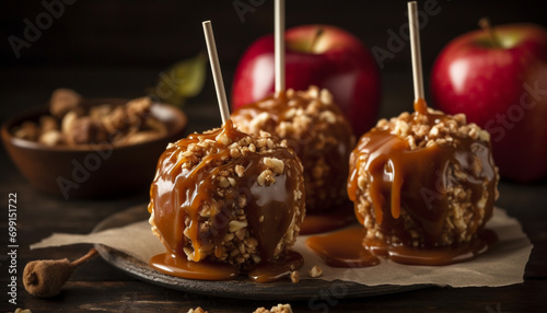 Indulgent gourmet dessert chocolate dipped caramel apple with crunchy pecan generated by AI
