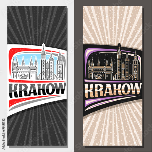Vector vertical layouts for Krakow, decorative leaflet with line illustration of european krakow city scape on day and dusk sky background, art design tourist card with unique letters for word krakow photo