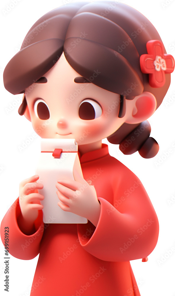 Chinese girl dressed in red holding a New Year's red envelope isolated on transparent background. PNG Chinese girl dressed in red holding a New Year's red envelope isolated on transparent background. PNG