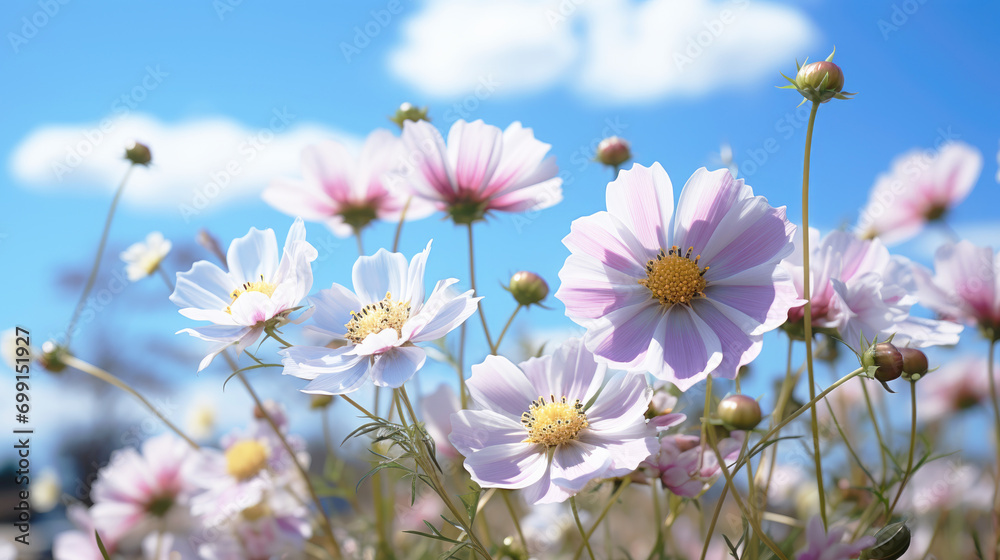 Beautiful flowers bloom with blue sky in the spring field, soft focus. Banner.