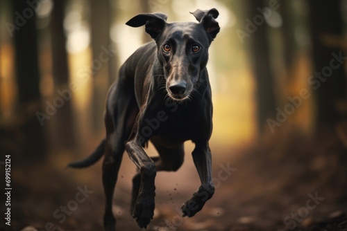 black hunting dog chasing prey