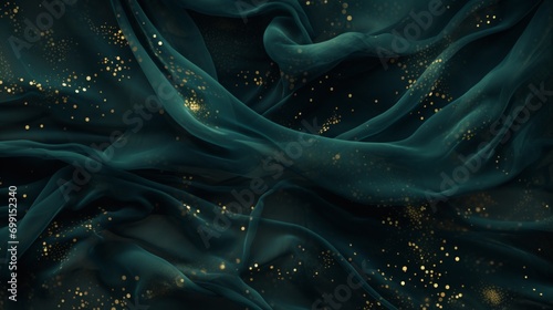 glamour pattern of tiny gold flecks and sheer fabric green floating, luxury, copy space, 16:9 photo