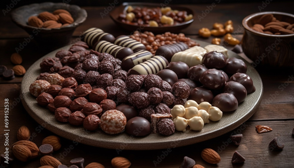 A variety of homemade chocolate desserts on a rustic wooden table generated by AI A variety of homemade chocolate desserts on a rustic wooden table generated by AI