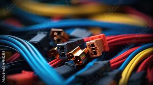 Close-up of Colorful wire harnesses and plastic connectors for vehicles, the automotive industry, and manufacturing photo