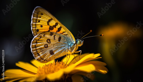 A vibrant butterfly pollinates a yellow flower in the meadow generated by AI