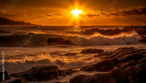 Sunset over the coastline, waves crashing, nature beauty on display generated by AI
