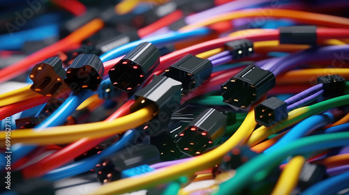 Close-up of Colorful wire harnesses and plastic connectors for vehicles, the automotive industry, and manufacturing