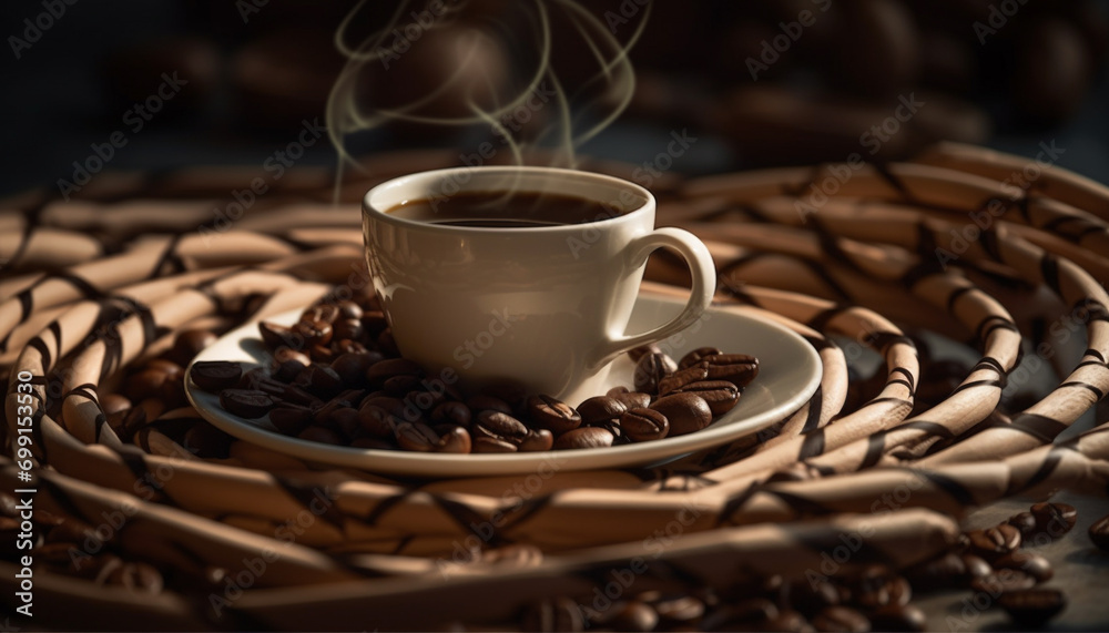 Freshly brewed coffee in a wooden cup on a rustic table generated by AI Freshly brewed coffee in a wooden cup on a rustic table generated by AI