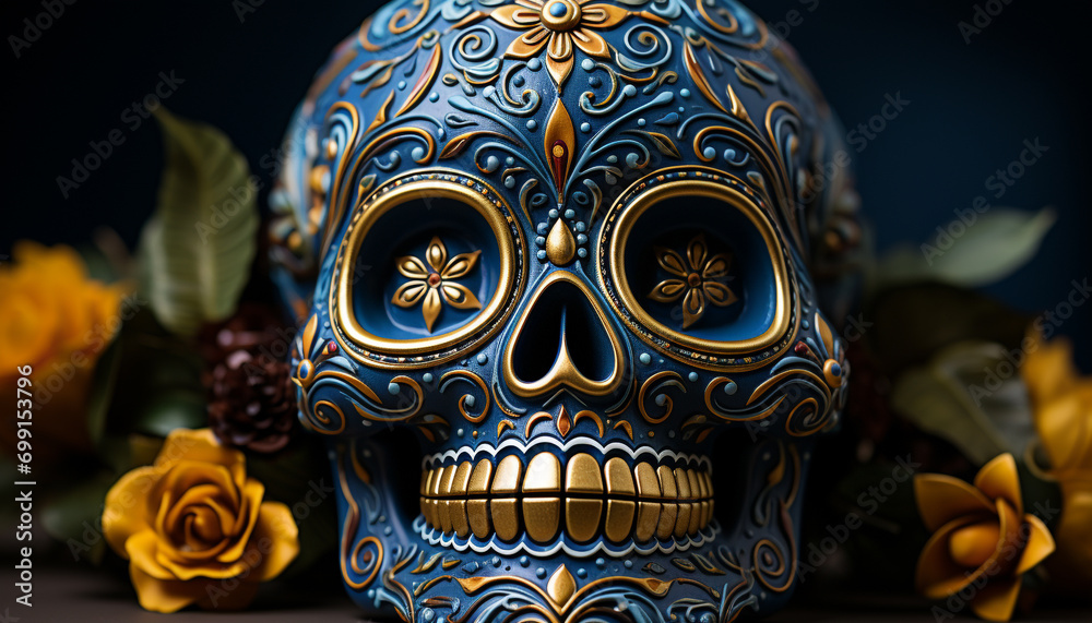 Obraz premium Day of the Dead celebration colorful masks, spooky yet beautiful generated by AI