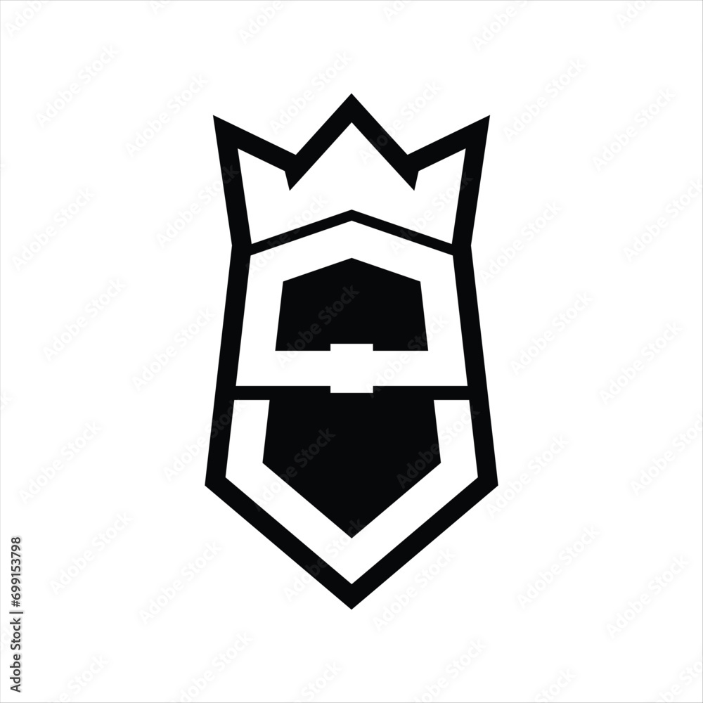 QU Letter Logo monogram hexagon shield shape up and down with crown isolated style design