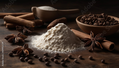 Anise, spice, wood, ingredient, table, dessert, nutmeg, seasoning, cooking generated by AI