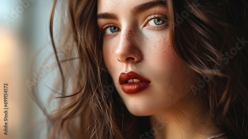 Beautiful brunette with brown lipstick on her lips. Pretty girl with long brown hair. Closeup portrait of a Brunette young woman
