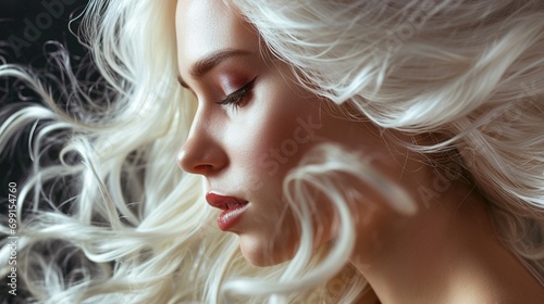Beautiful girl with hair coloring in ultra blond. Stylish hairstyle done in a beauty salon. Fashion, cosmetics and makeup