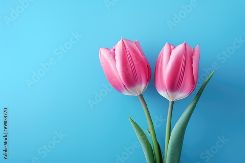 pink tulips against a blue background, © grigoryepremyan