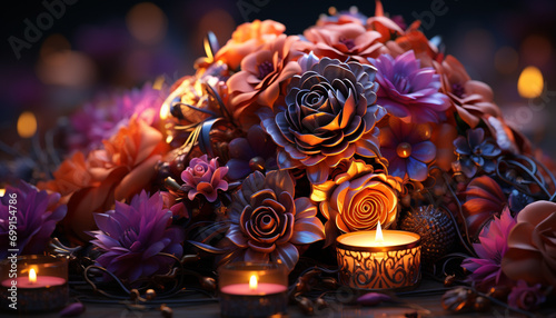 Romantic candlelight illuminates a single flower, symbolizing love and elegance generated by AI