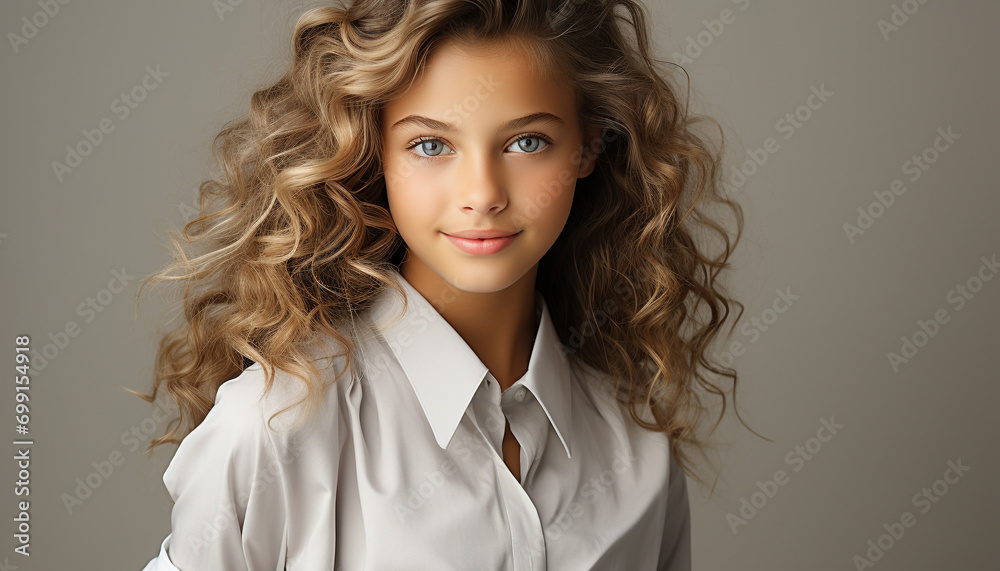 Beautiful Caucasian woman with curly blond hair smiling at camera generated by AI Beautiful Caucasian woman with curly blond hair smiling at camera generated by AI