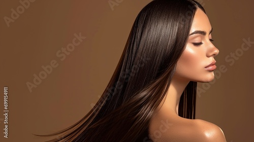 Beautiful model woman with shiny and straight long hair. Keratin straightening. Treatment, care and spa procedures