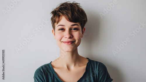 beautiful woman with short haircut, smiling and looking confident, standing in t-shirt on white background. photo