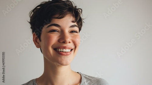 beautiful woman with short haircut  smiling and looking confident  standing in t-shirt on white background.