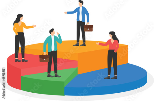 Business people standing of different directions on a pie chart. Concept business vector illustration.

