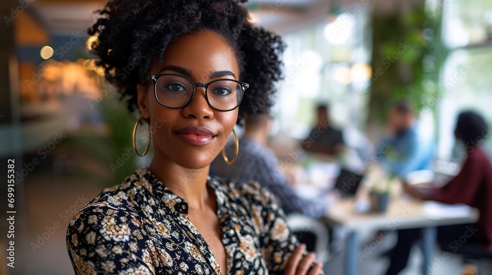 Beautiful young grinning professional Black woman in office with eyeglasses, folded arms and confident expression as other workers hold a meeting in background