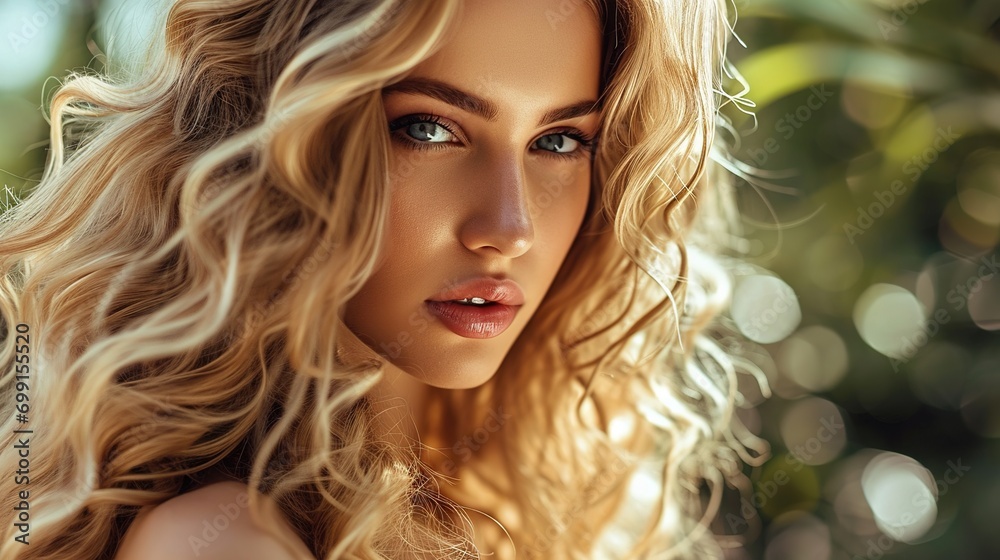 Beauty blonde girl with long and shiny wavy hair . Beautiful woman model with curly hairstyle . Fashion, cosmetics and makeup Beauty blonde girl with long and shiny wavy hair . Beautiful woman model with curly hairstyle . Fashion, cosmetics and makeup