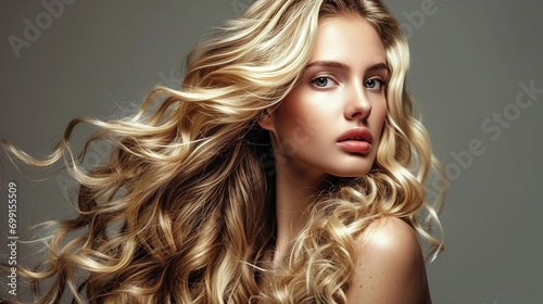 Beauty blonde girl with long and shiny wavy hair. Beautiful woman model with curly hairstyle  Fashion photo
