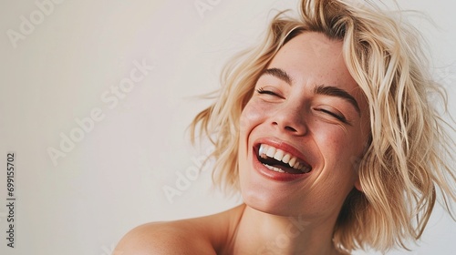Beauty portrait of blonde smiling laughing woman 35 year clean fresh face isolated on white background photo