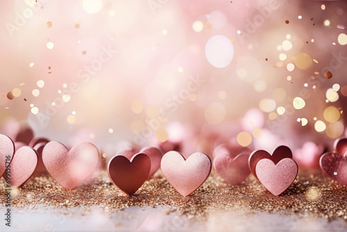 pink and golden hearts with golden glitter with space for text on a soft colored blurry bokeh background, valentines background