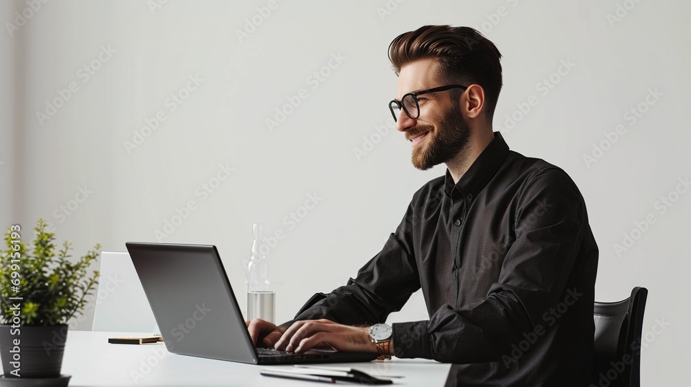 Business. Successful businessman working with laptop, using computer and smiling copy space ad new isolated over bright white color background Business. Successful businessman working with laptop, using computer and smiling copy space ad new isolated over bright white color background