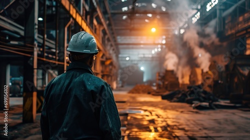 builder in hard hat looking at an industrial interior. Metal smelting plant