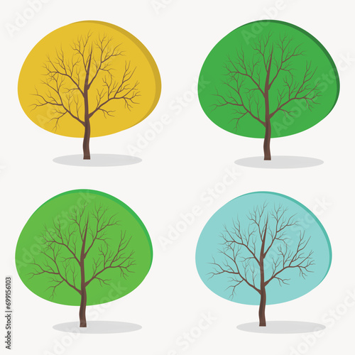 Set for concept design. Beautiful illustration from a set of trees seasons. Ecology concept.Cartoon poster with green trees in spring summer autumn winter.