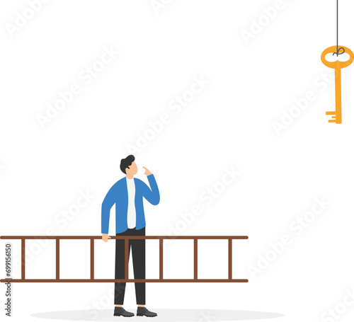 Businessman looking up at the key high up in the wall. Concept business illustration. Vector

