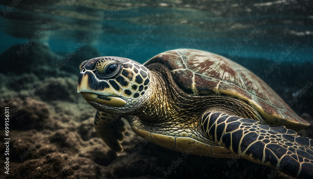 Fototapeta premium A beautiful sea turtle swimming in the colorful underwater reef generated by AI