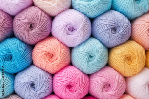Multicolored balls of yarn. Pastel soft colors, Abstract knitting background. Generative AI