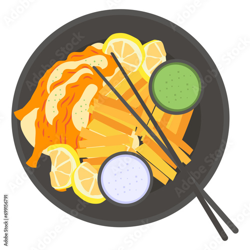 Fish and Chips with Green and White Sauce Bowl concept, Cod and chippy with wedge vector icon design, delicious food symbol, authentic local dishes sign, domestic cuisine stock illustration