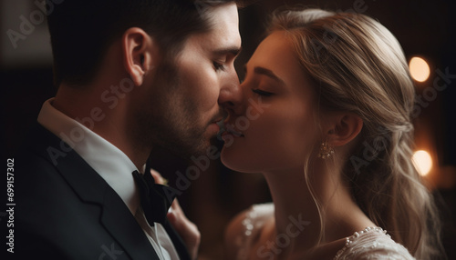 Young couple embracing, smiling, and kissing on their wedding night generated by AI photo