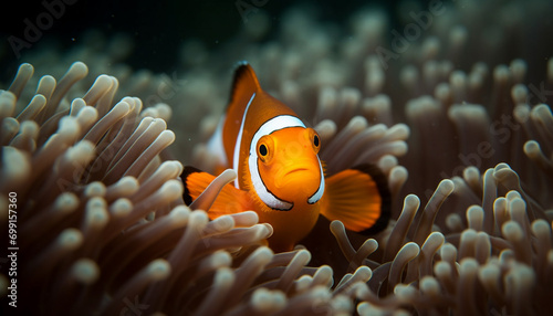 Close up of a vibrant clown fish swimming in a coral reef generated by AI