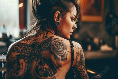 Inside a tattoo studio, a woman undergoes the transformative process of receiving a new tattoo. photo
