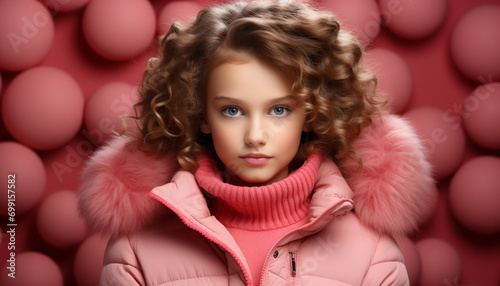 Cute child smiling, looking at camera, wearing winter fashion generated by AI