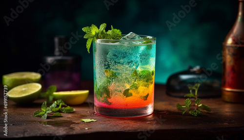 Refreshing mojito cocktail with lime, citrus fruit, and mint leaf generated by AI