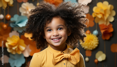 Smiling African girl with curly hair holds yellow flower generated by AI