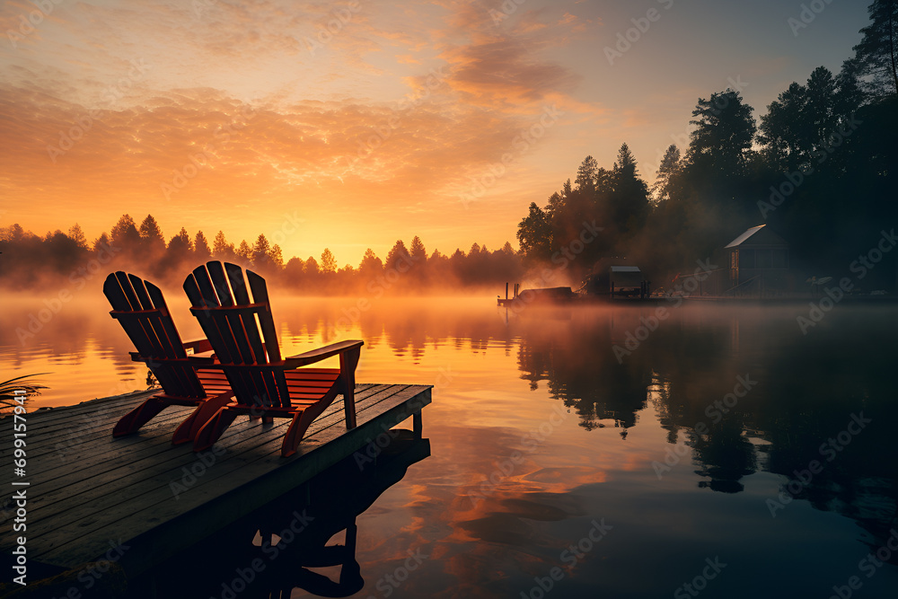 Obraz premium Two wooden chairs on a wood pier overlooking a lake at sunset 