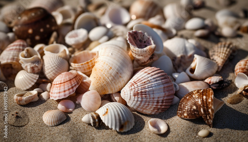Close up of a large group of multi colored seashells on sand generated by AI