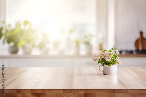 Empty Beautiful wood table top and blur bokeh modern kitchen interior background in clean and bright, Ready for product montage