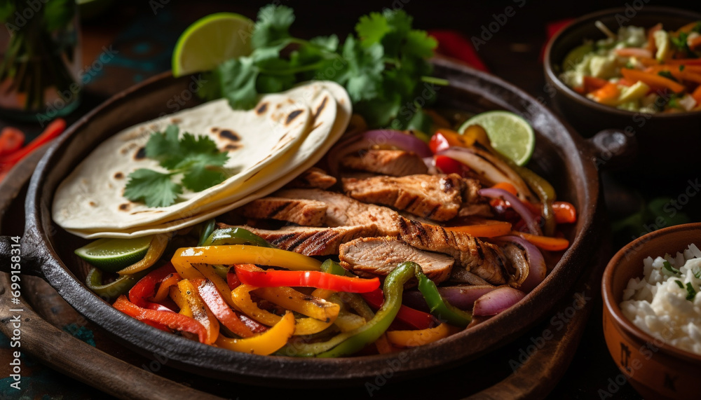 Grilled meat and vegetable taco with guacamole on flatbread plate generated by AI Grilled meat and vegetable taco with guacamole on flatbread plate generated by AI