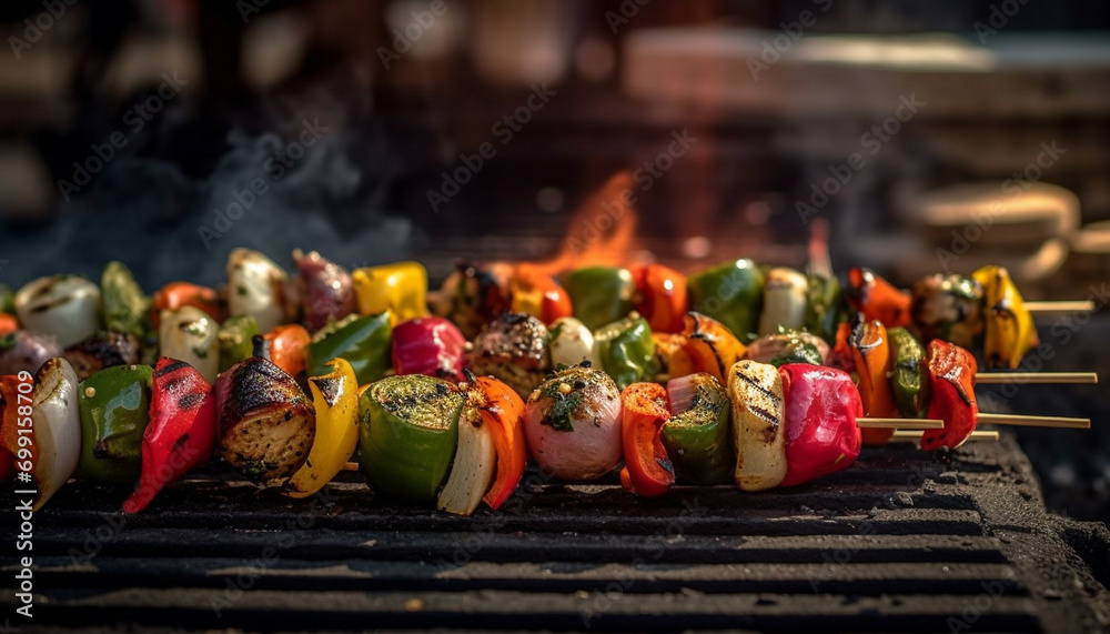 Grilled barbecue meat and vegetables on a coal fired grill generated by AI